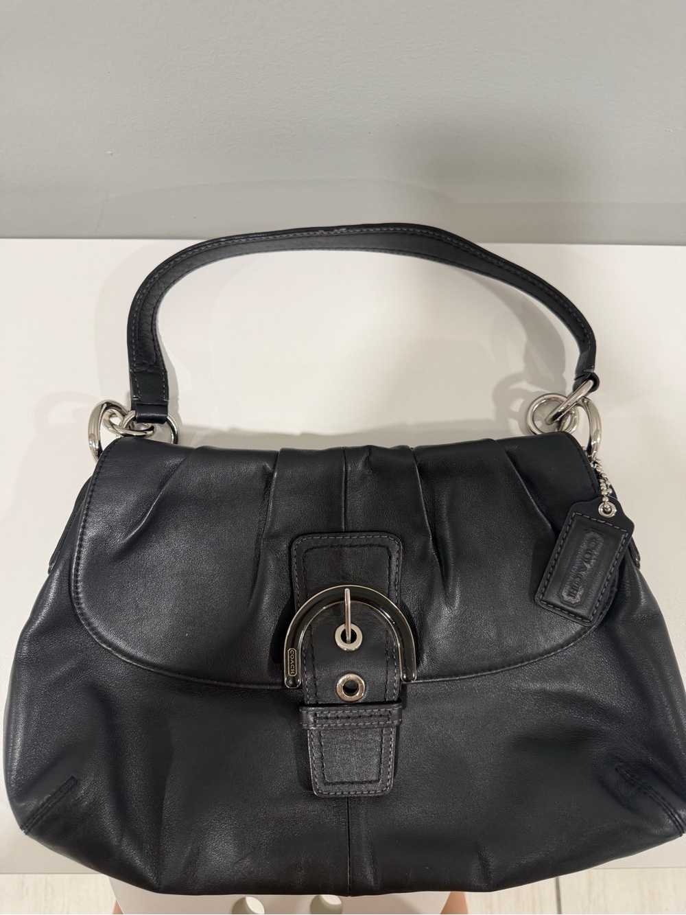 Coach Black Leather Shoulder Bag with Buckle Detail